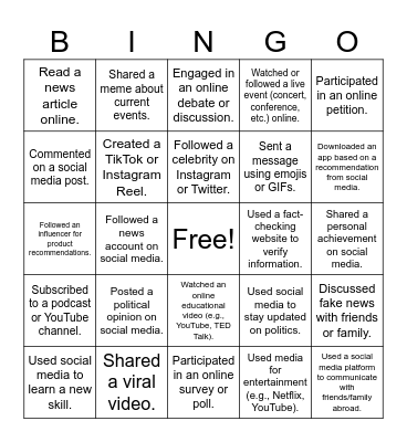 Social Media Bingo Card