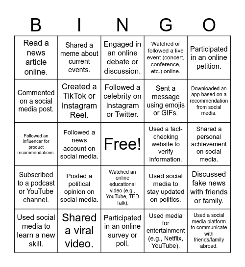 Social Media Bingo Card