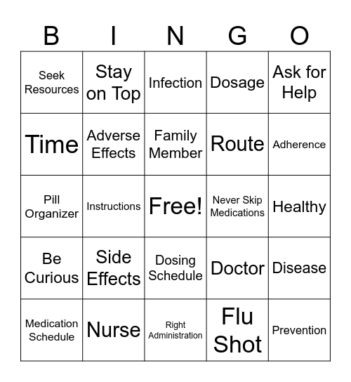Medication and Flu Shot Adherence Bingo Card