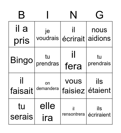 Franse werkwoorden Bingo Card