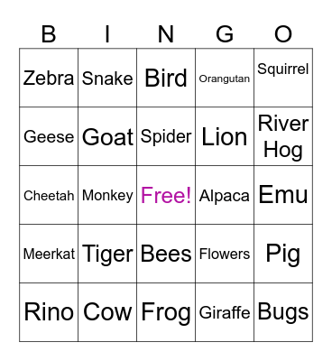 Zoo Bingo Card