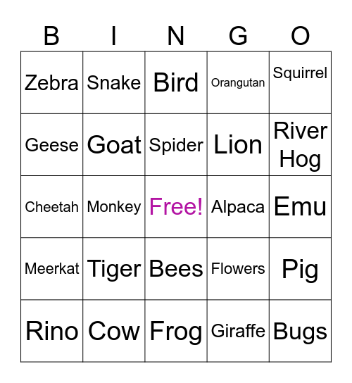 Zoo Bingo Card