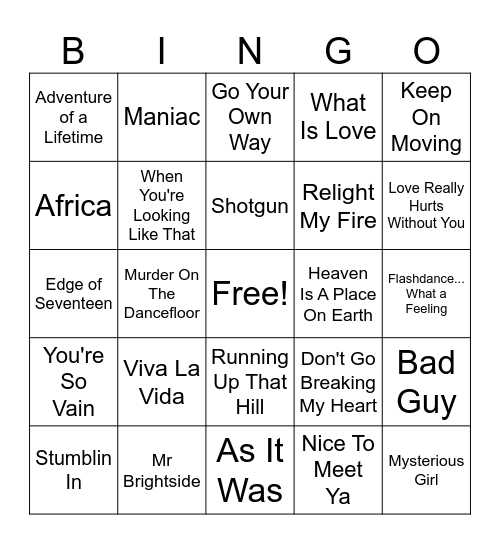 Music Bingo @ Carberrys Bingo Card