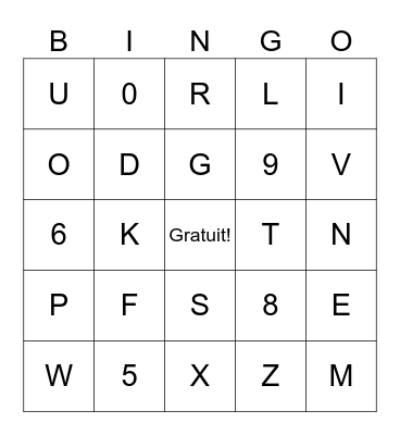 Alphabet et nombre Bingo Card