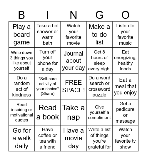 SELF-CARE Bingo Card