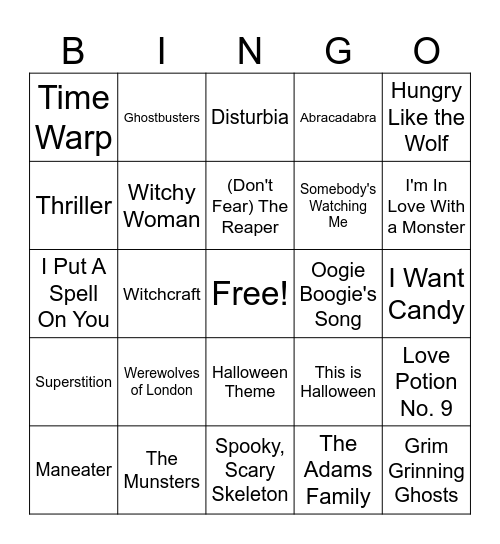 Halloween Music Bingo Card