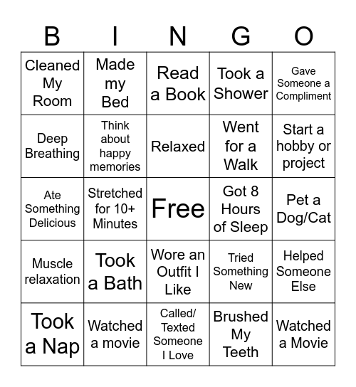 Self Care Bingo Card