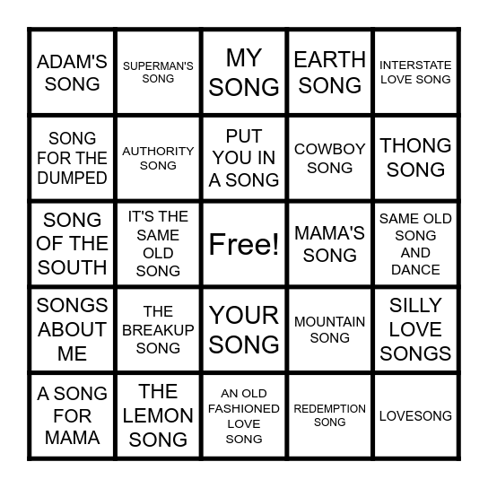 SONGS Bingo Card