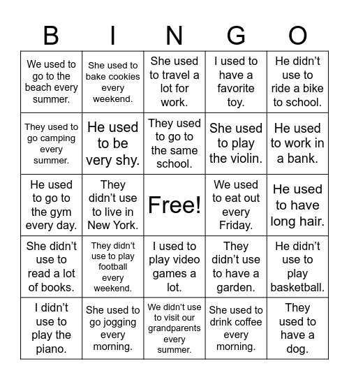 Bingo: Used to/didn't use to Bingo Card