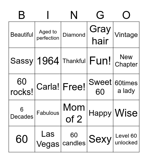 Carla’s 60th Bingo Game Bingo Card