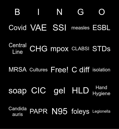 Infection Prevention Bingo Card