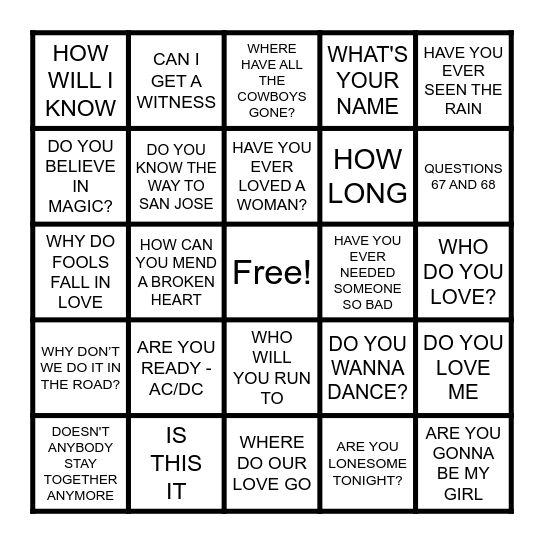 QUESTIONS Bingo Card