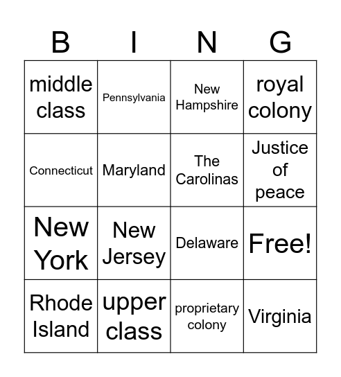 Midchapter 3 -- 13 Colonies Bingo Card