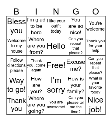 Basic Communication and Social Skills Bingo Card