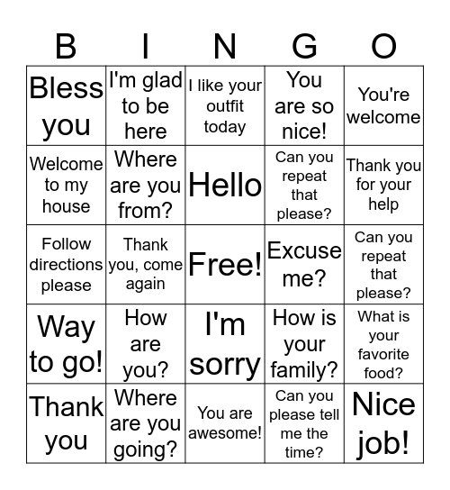 Basic Communication and Social Skills Bingo Card