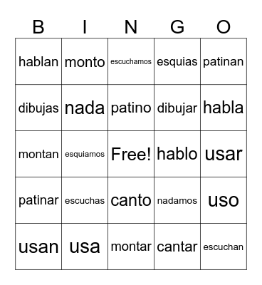 -ar verbs Bingo Card