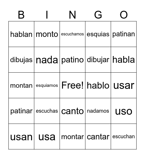 -ar verbs Bingo Card