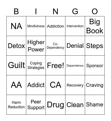 Recovery Bingo Card