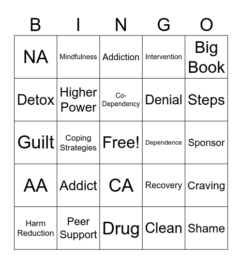 Recovery Bingo Card
