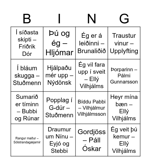 Íslensk tónlist Bingo Card