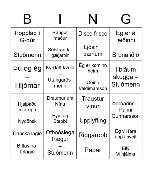 Íslensk tónlist Bingo Card