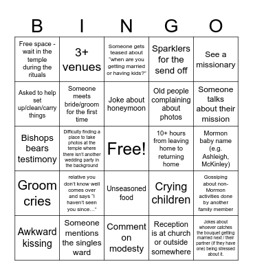 LDS Wedding Bingo Card