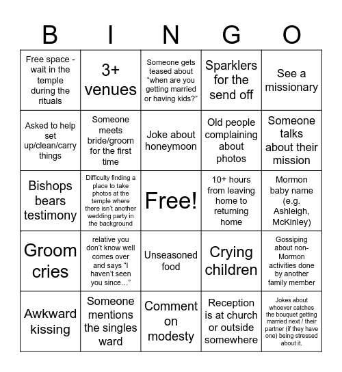 LDS Wedding Bingo Card