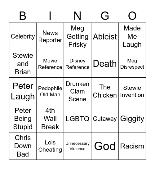 Family Guy Bingo Card