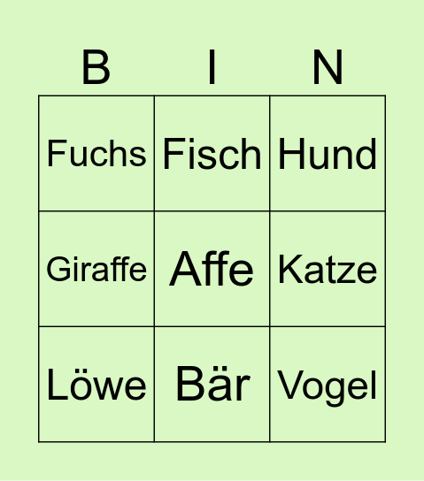 Tiere Bingo Card