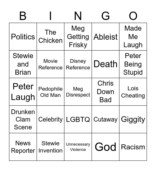 Family Guy Bingo Card