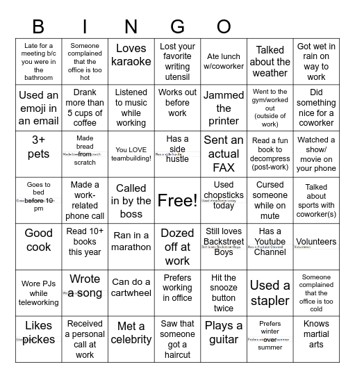 Workplace Bingo Card