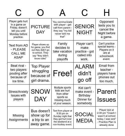 HIGH SCHOOL HOCKEY Bingo Card