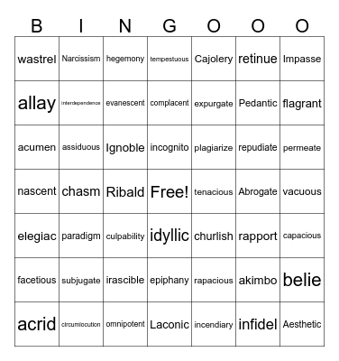 English 4 VOCAB Lists 1-9 Bingo Card