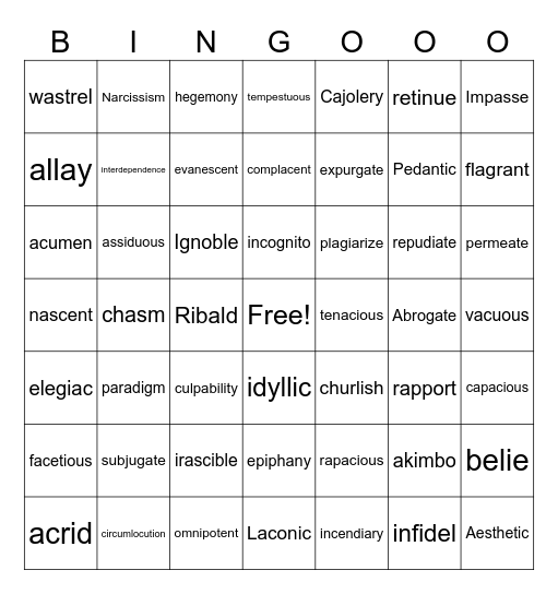 English 4 VOCAB Lists 1-9 Bingo Card