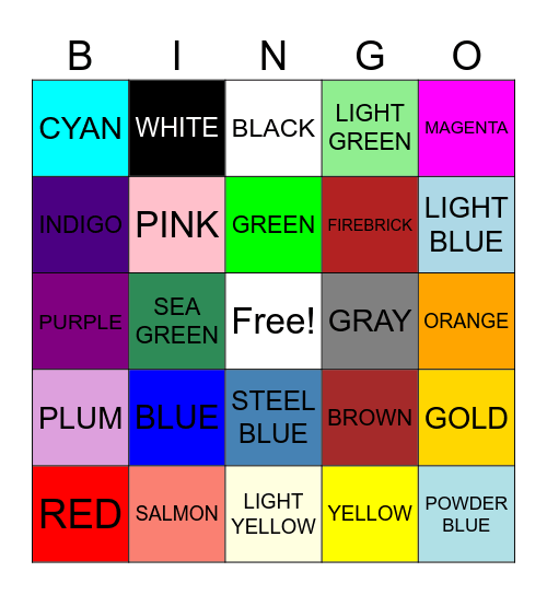 Colored Bingo Card