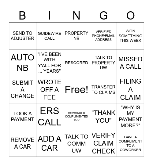 Customer Service BINGO Card