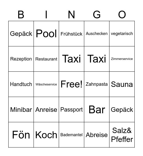 Hotel Bingo Card