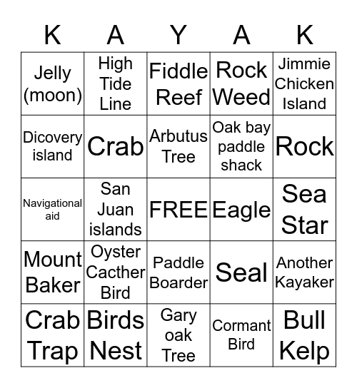 Kayak Bingo Card
