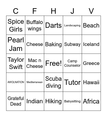 PERSONAL CARD Bingo Card