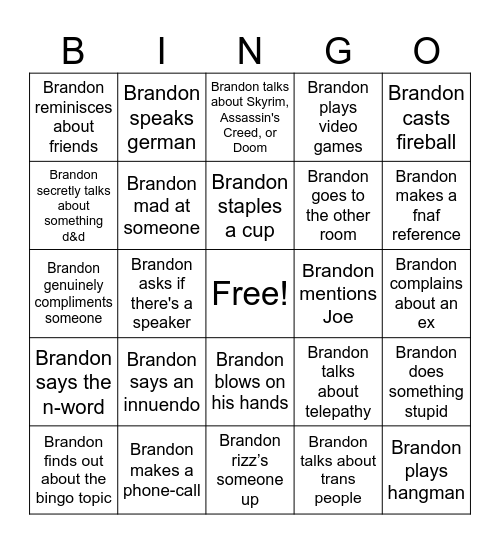 Brandon Bingo Card