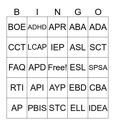 Educational Acronym Bingo Card