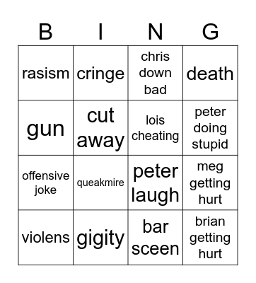 family guy Bingo Card