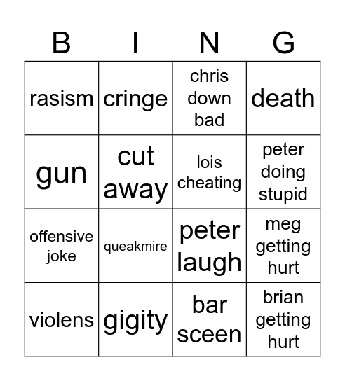 family guy Bingo Card