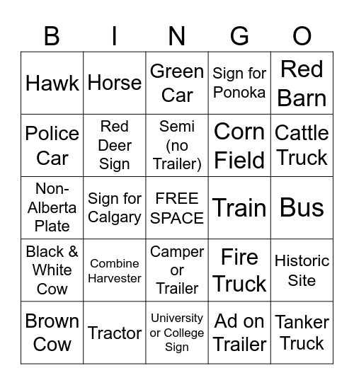 Red Deer Trip Bingo Card