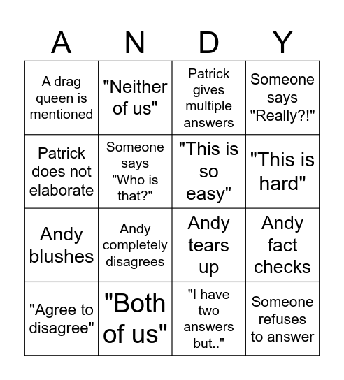 Andy Bingo Card