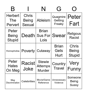 Family Guy Bingo Card