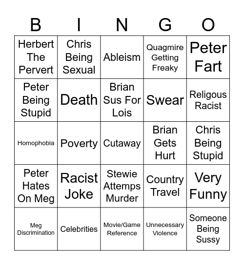 Family Guy Bingo Card