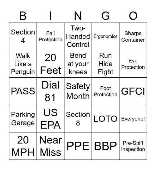 Safety Bingo Card