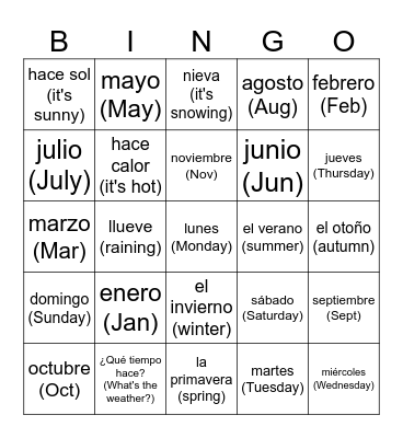 Spanish Weather Bingo Card