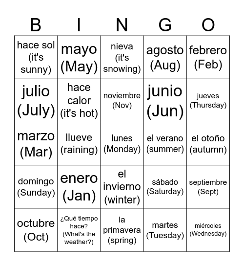 Spanish Weather Bingo Card